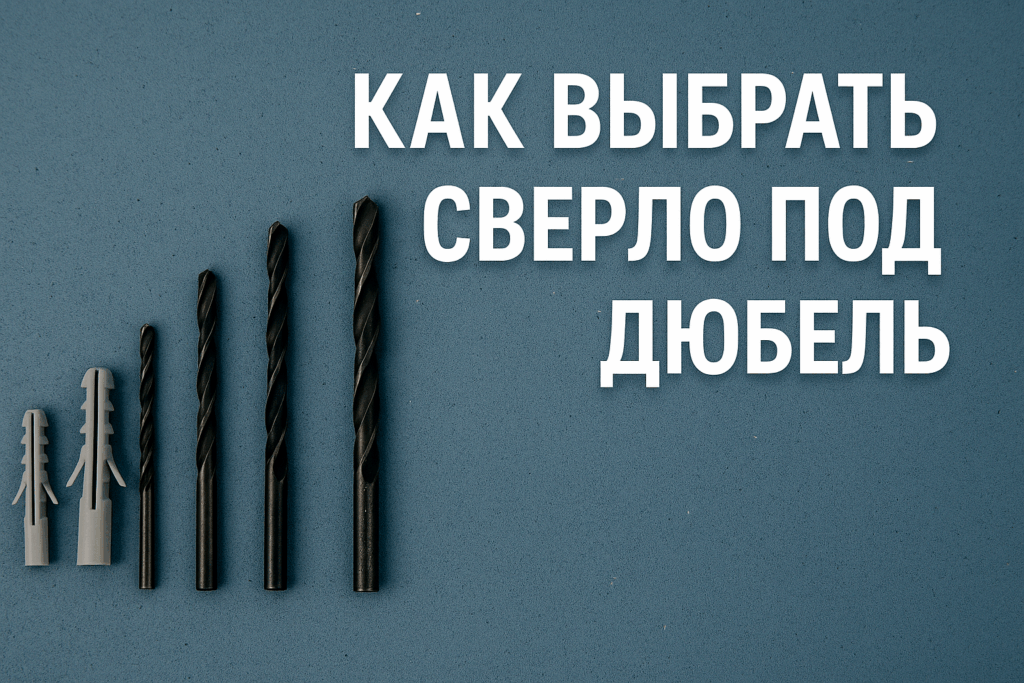 Набор дюбелей и сверл разного диаметра на фоне бетонной поверхности с подписью «Как выбрать сверло под дюбель